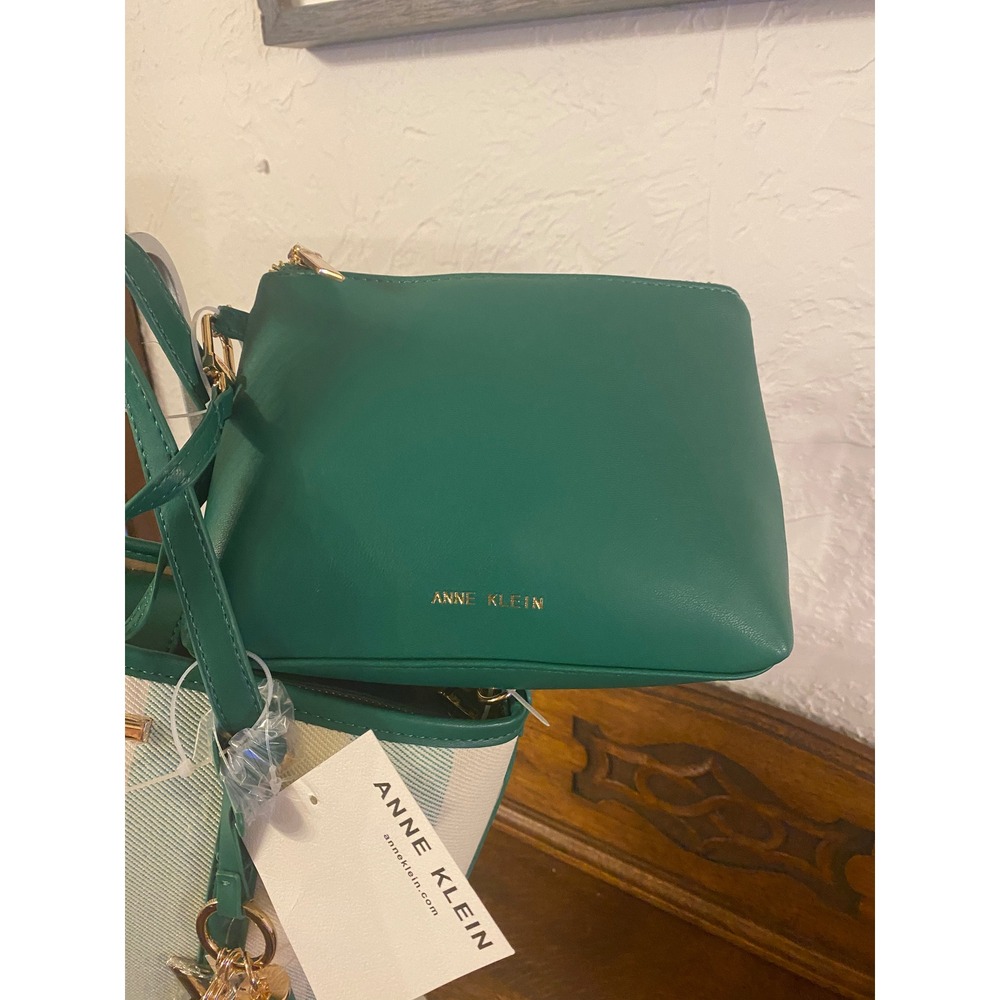 Anne Klein Wynn Green Striped Tote Bag with Pouch and Crossbody Strap NEW - Picture 7 of 13